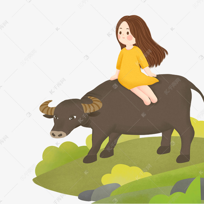可爱的女孩骑着牛免抠图