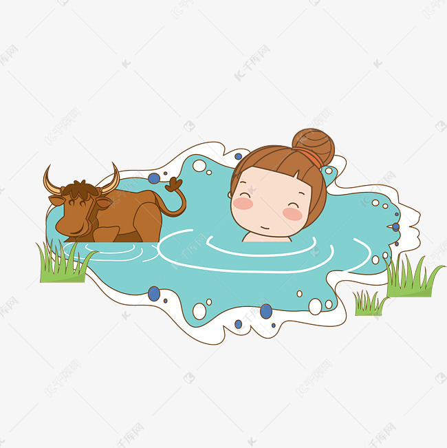 清明节女孩和牛泡温泉
