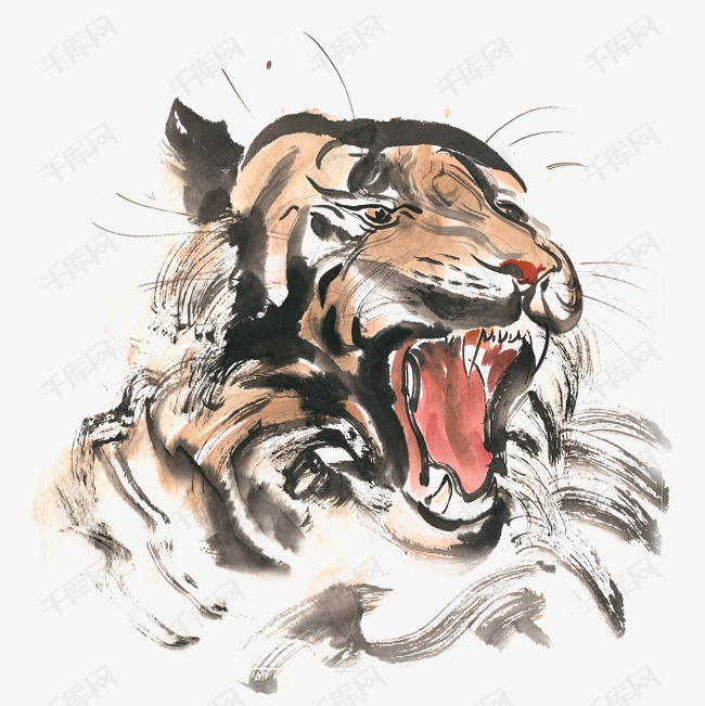 嘶吼的老虎水墨画png免抠素材
