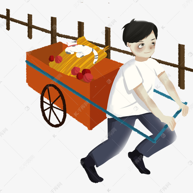 卡通男孩在拉车免抠图