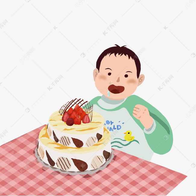 正在吃蛋糕的流口水的小男孩手绘