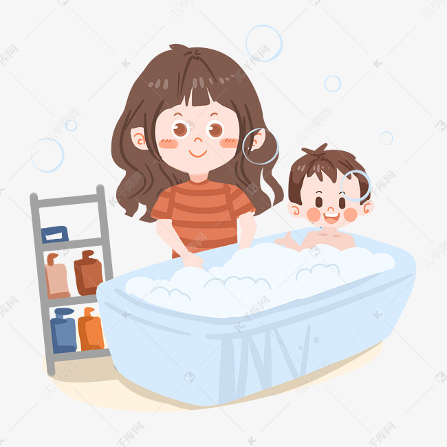 卡通妈妈给孩子洗澡png素材
