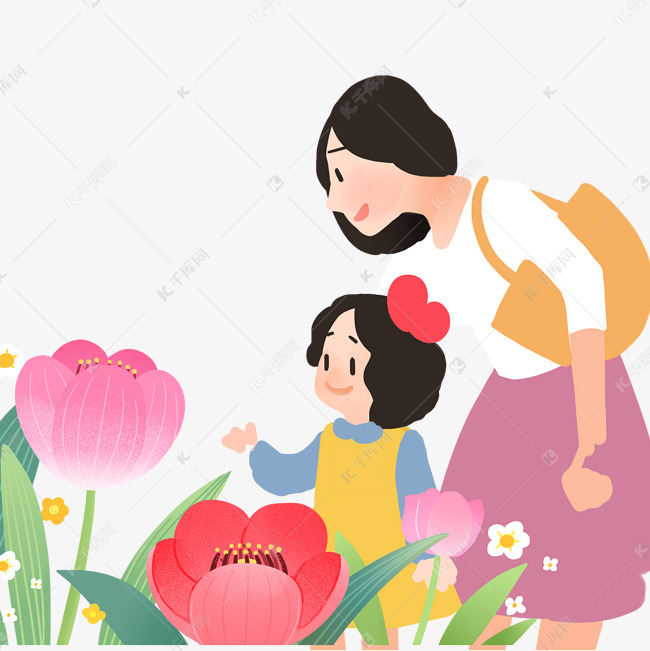 一起看花的卡通母女