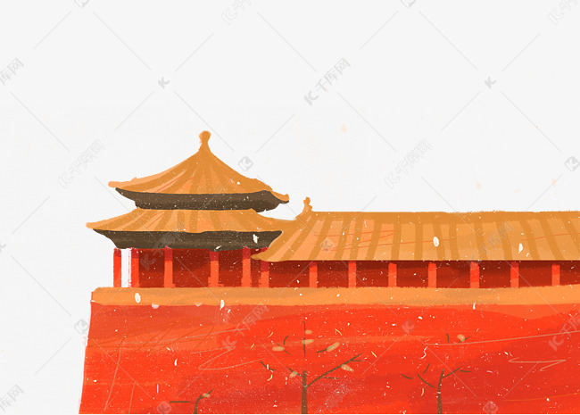 彩色手绘故宫红墙装饰画