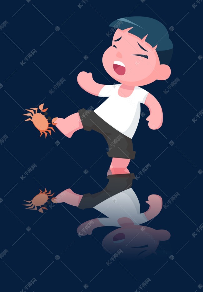 螃蟹夹着小男孩的脚