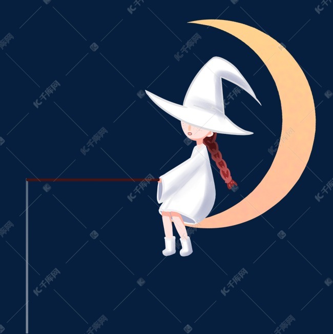 免抠元素 卡通插画 彩色创意坐在月亮上的女孩元素素材来源:&copy;千