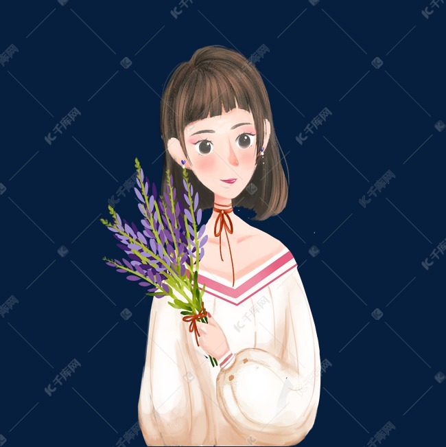 手捧薰衣草的少女