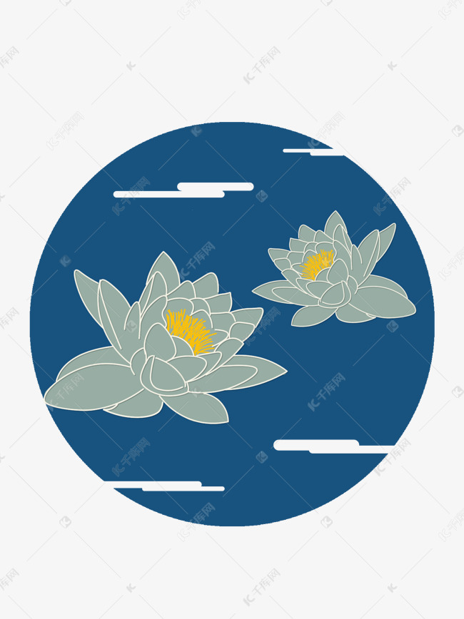 夏季蓝底白色复古风莲花