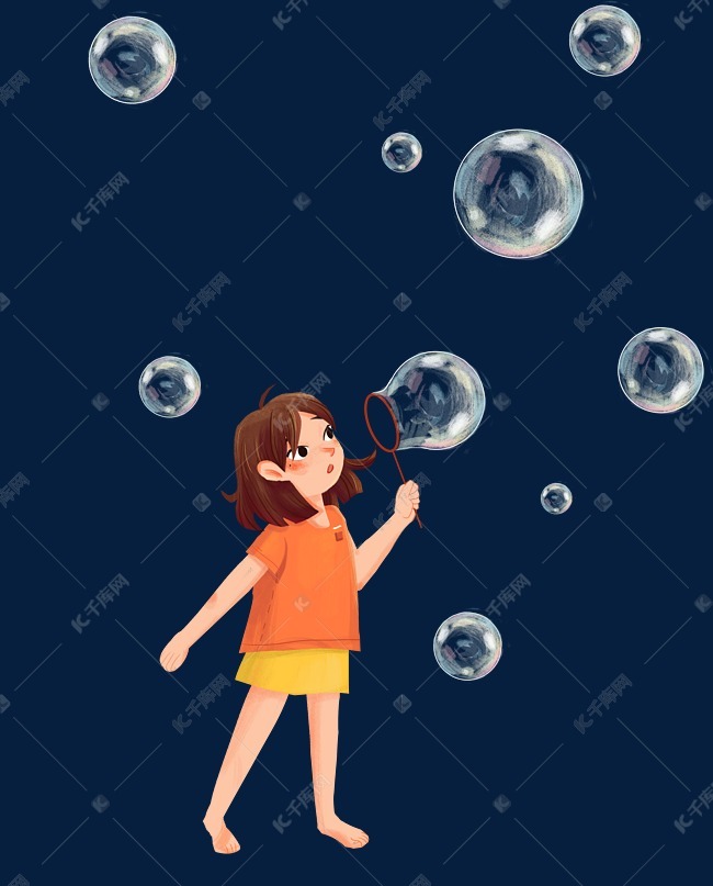 短发赤脚害羞小女孩吹泡泡
