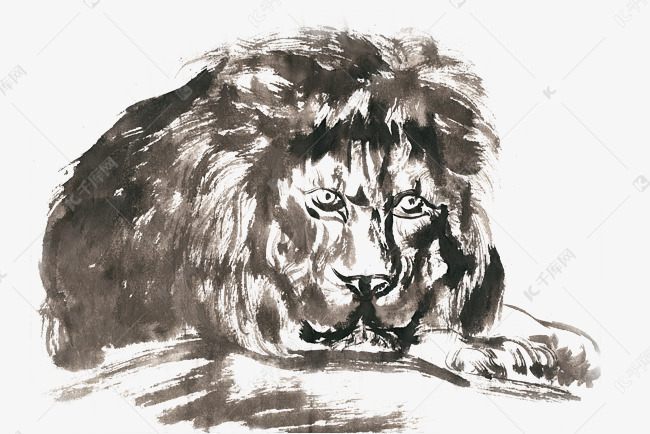 趴在石头上的狮子水墨画png免