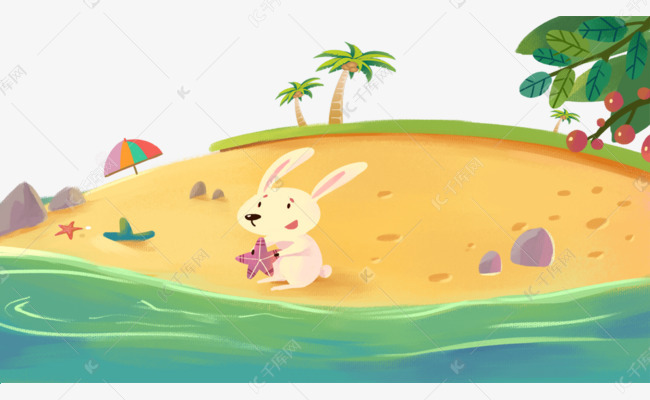手绘卡通沙滩上玩耍的小兔子免扣