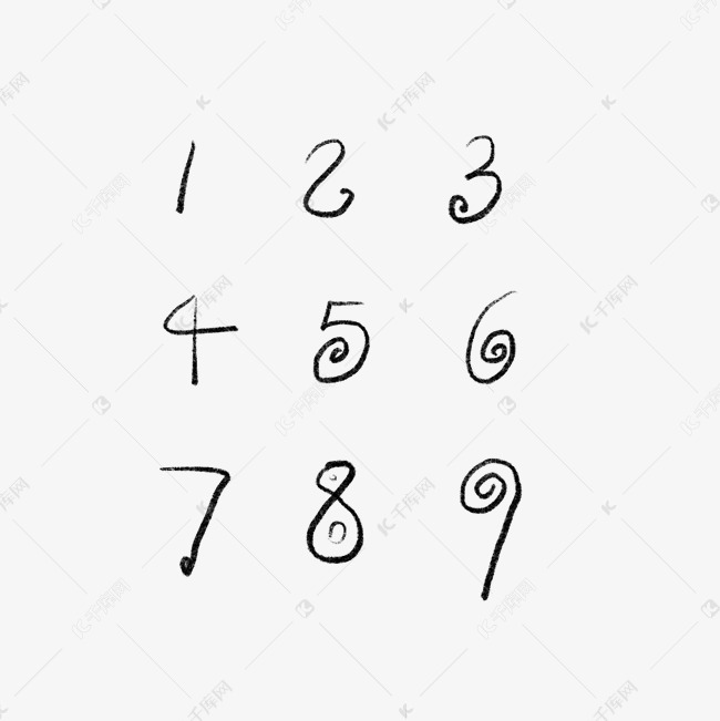 手绘数字字体设计黑白简笔画免扣
