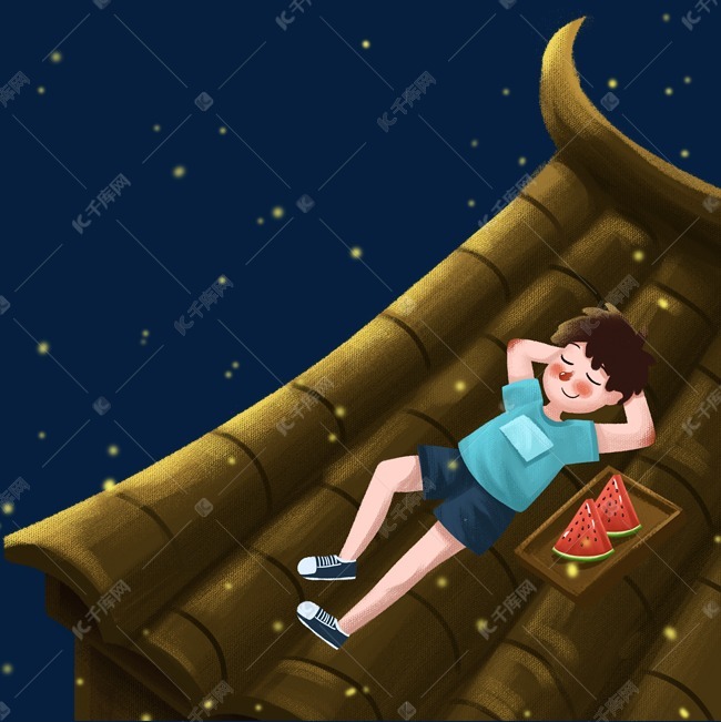 在屋顶看星星的男孩