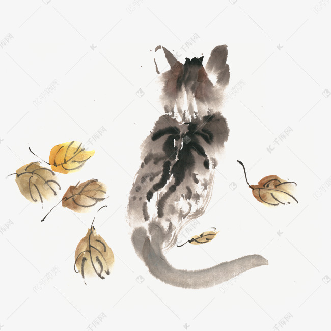 小猫的背影水墨画png免抠素材