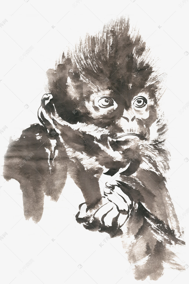 调皮的猴子水墨画png免抠素材