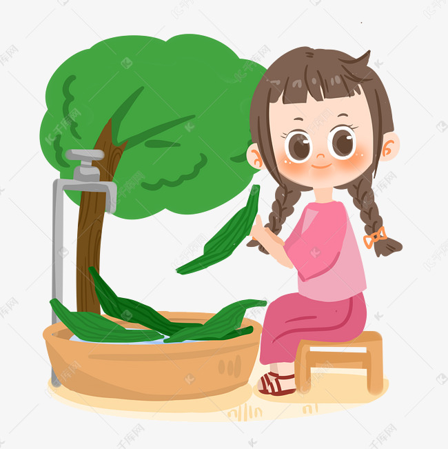 端午节卡通女孩洗粽叶png素材