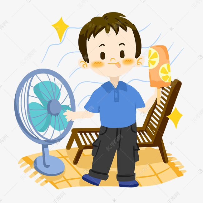 夏日卡通男孩吹风扇png素材