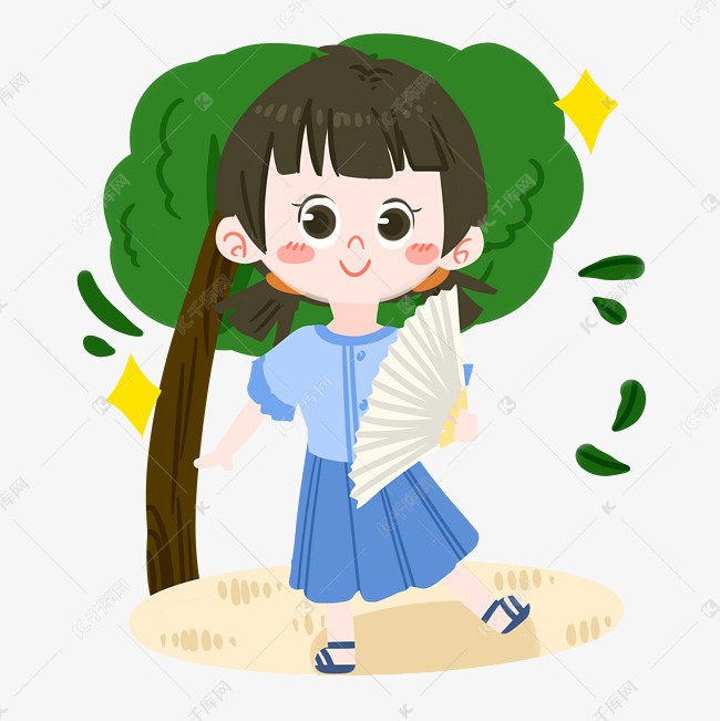 夏日卡通女孩扇风png素材