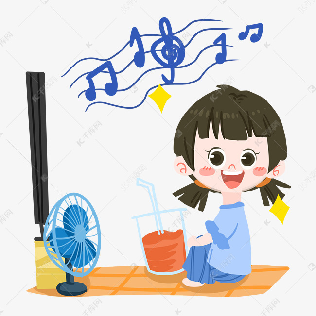 夏日卡通女孩吹风扇png素材