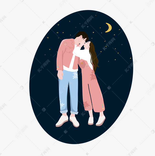 夜空下正在接吻的小情侣手绘pn
