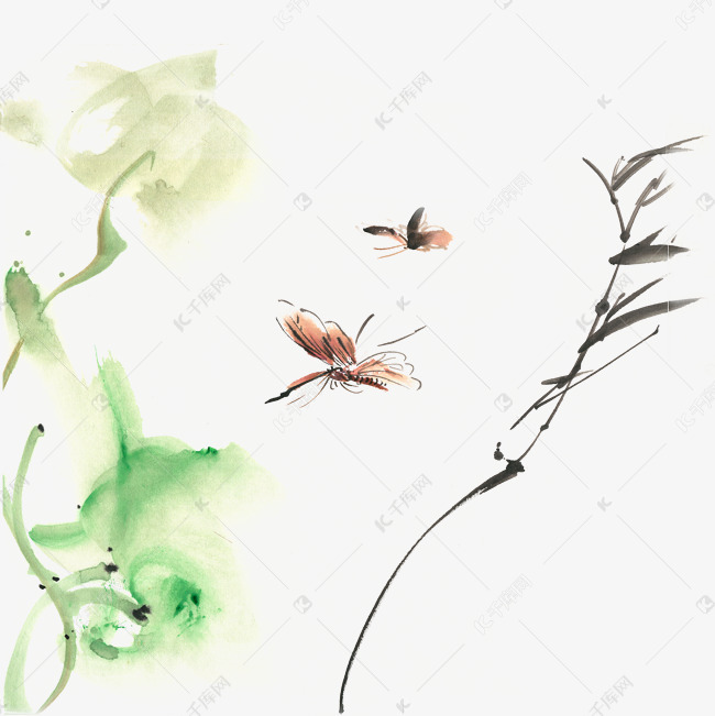 两只蝴蝶水墨画png免抠素材