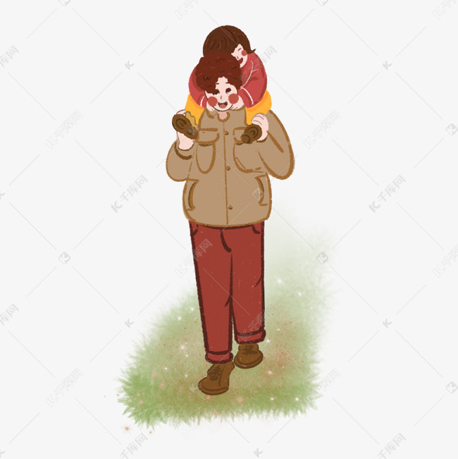 爸爸背着小女儿手绘免抠png素材