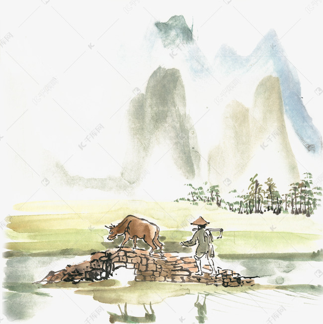 农耕归来水墨画png免抠素材
