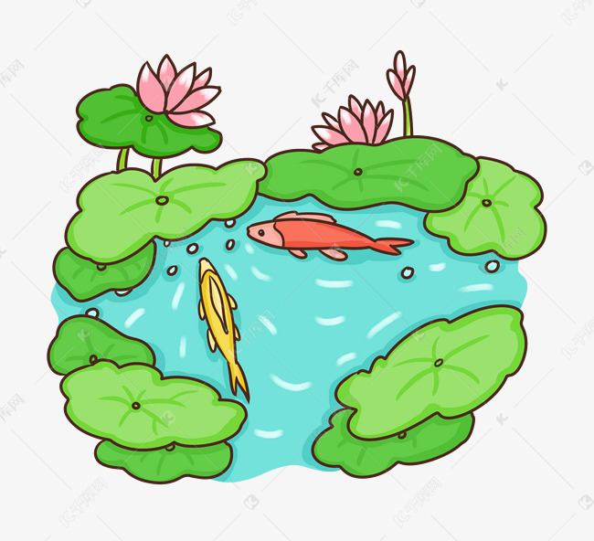 手绘荷花鲤鱼池塘png免抠图