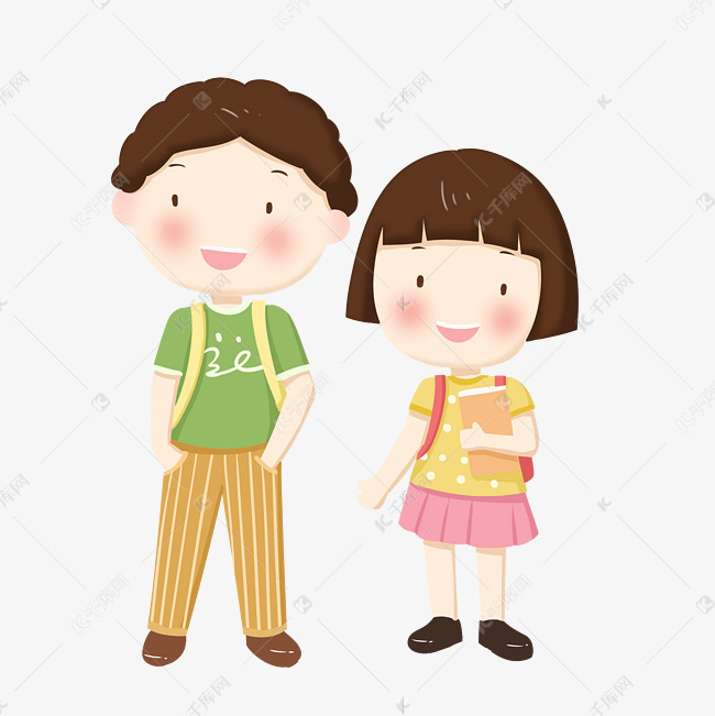 儿童节男孩女孩背着书包看着前面