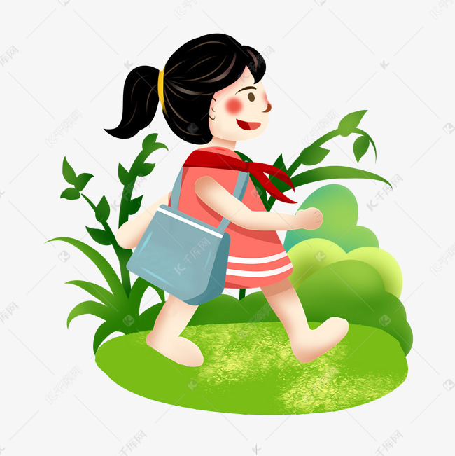 儿童节扁平风手绘背着书包放学回