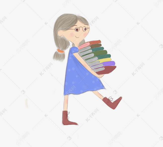 卡通手绘抱书的女孩