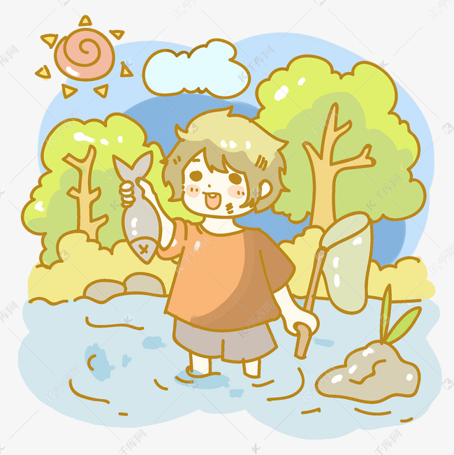 卡通可爱下河摸鱼少年素材图片免费下载-千库网