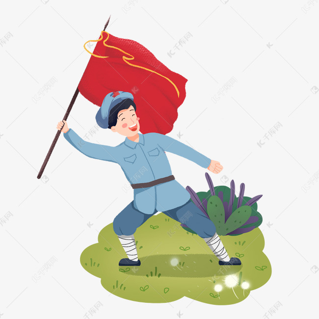 手绘红色军人手举红旗素材
