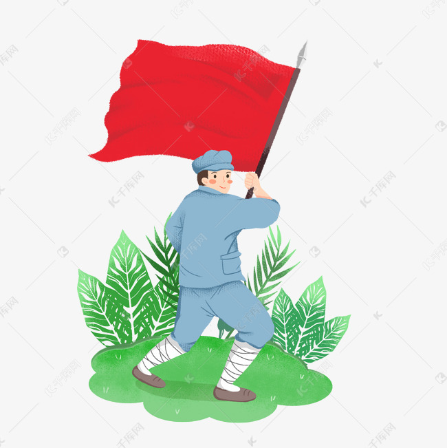手绘红色军人举旗素材