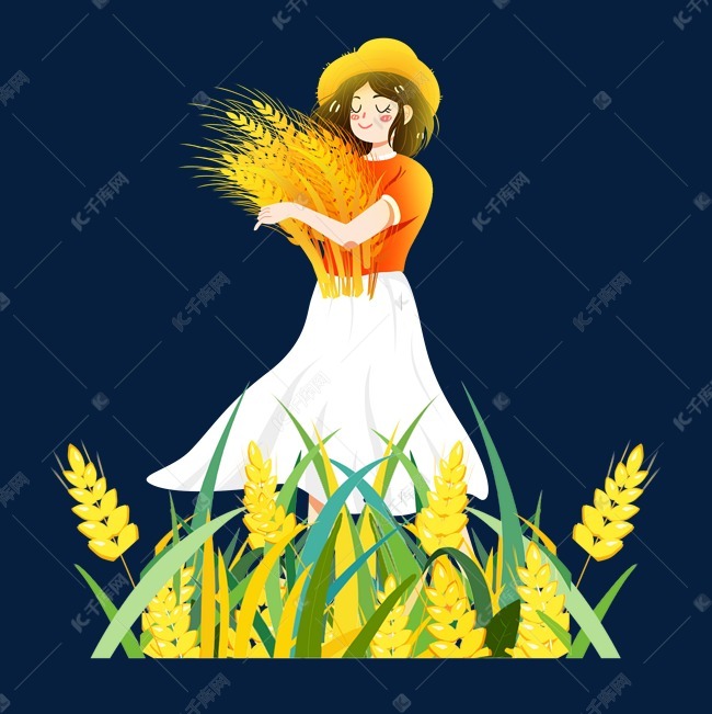芒种麦田抱着麦子女孩素材
