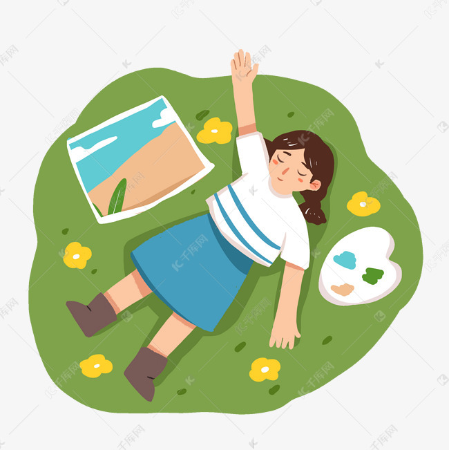 培训班女孩躺草地画画png