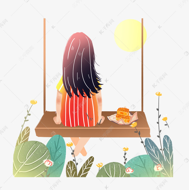 中秋节赏月女孩背影月饼素材