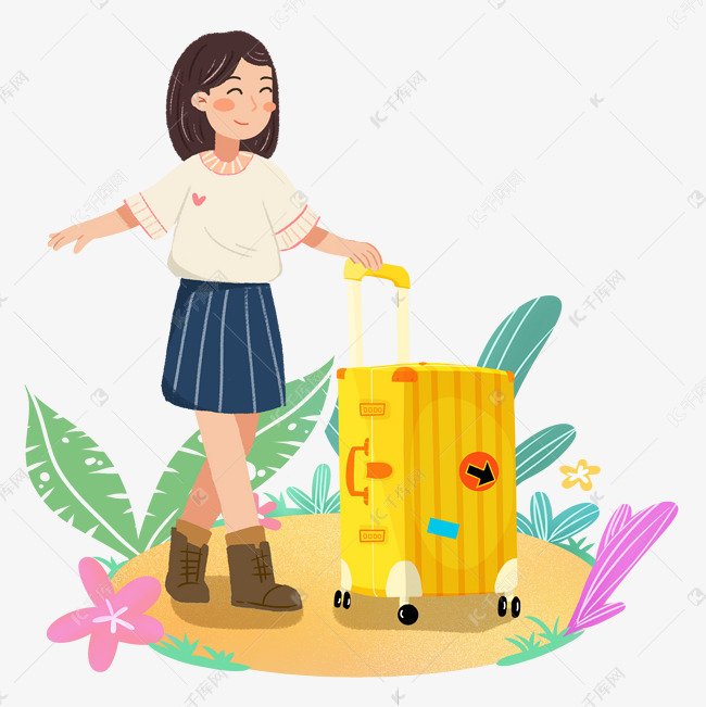女孩提行李箱外出旅游素材