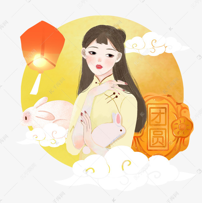 中秋古风抱兔子女子png素材