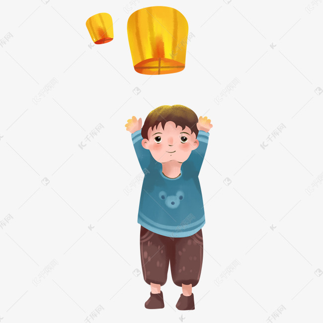 中秋节小男孩放孔明灯png素材