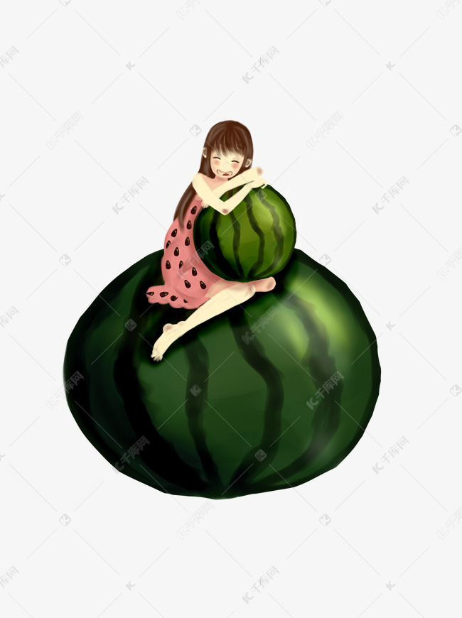 卡通女孩抱着西瓜元素