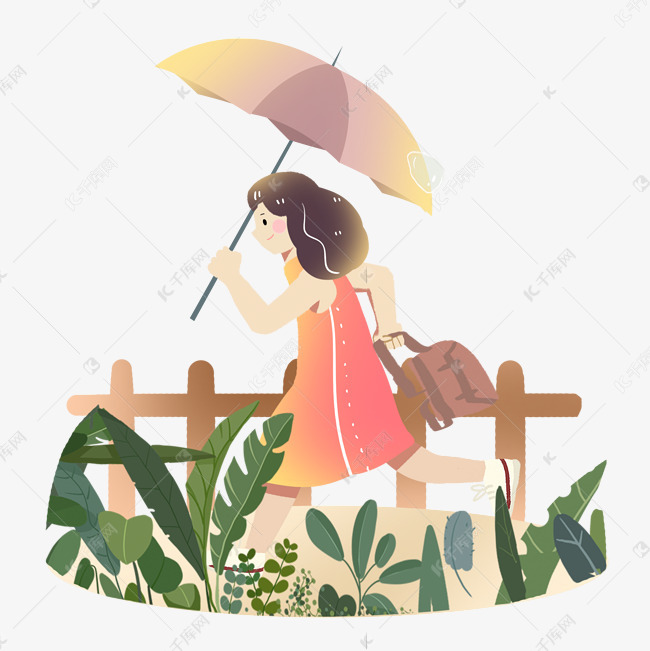 梅雨季节女孩打伞奔跑素材图片免费下载 高清卡通手绘psd 千库网 图片编号