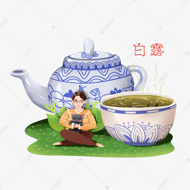 二十四节气白露立秋插画风喝茶p