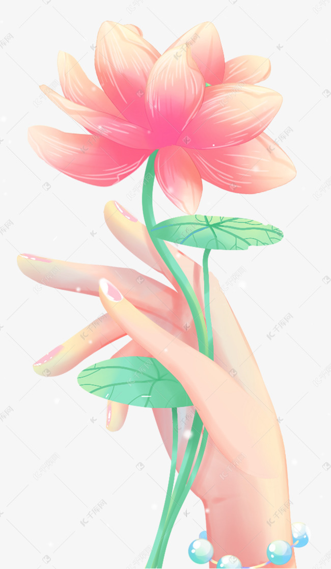 手拿粉色莲花