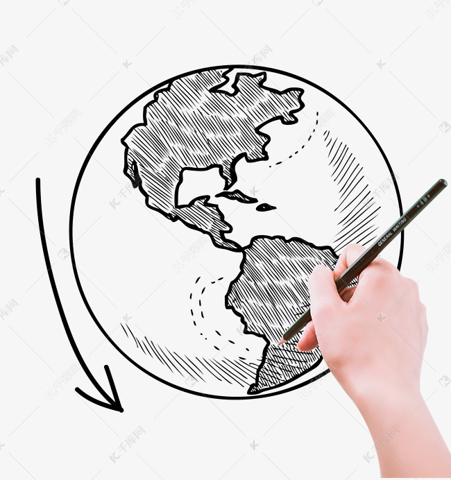 手拿铅笔线描地球