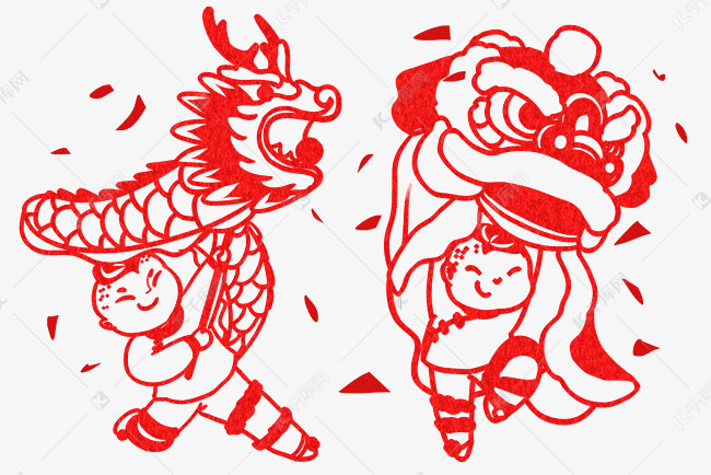 春节习俗舞狮舞龙剪纸