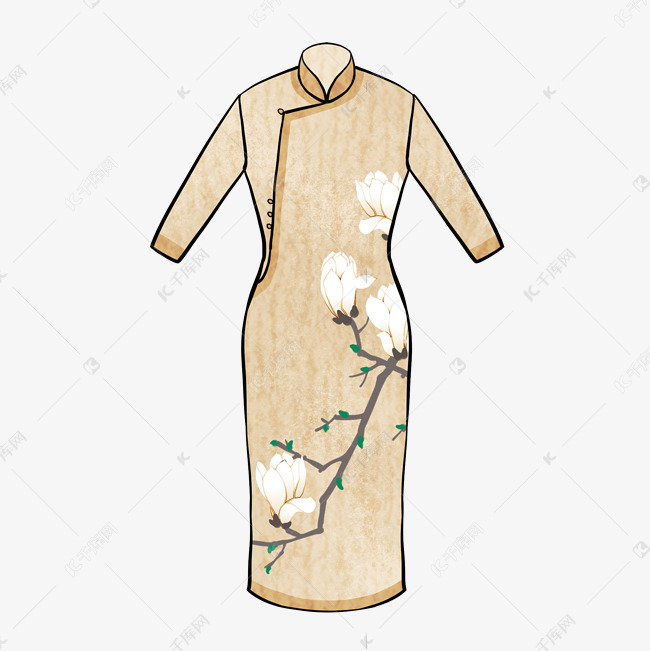 传统旗袍印花长袖旗袍