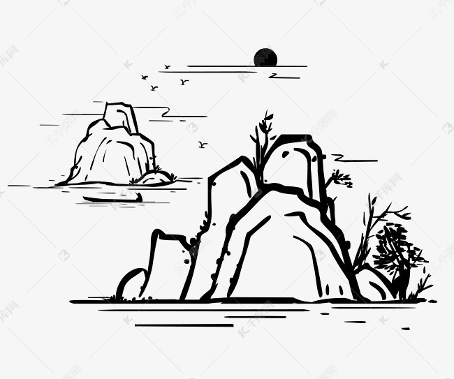 矢量黑色线描落日山泉
