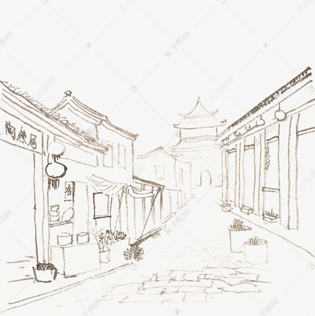 古城街道手绘图片