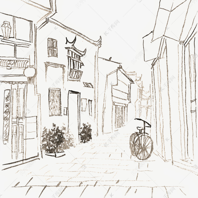 线描稿老街
